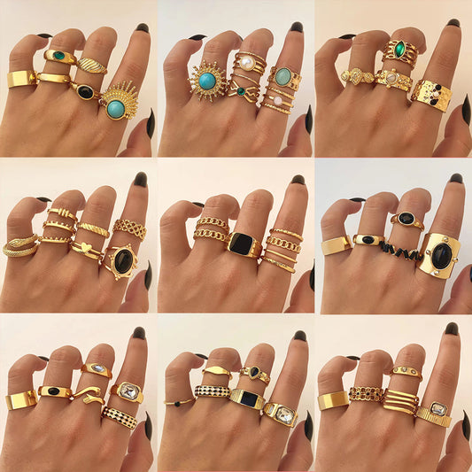 Geometric Emerald Color Natural Stone Metal Ring Plated KC Gold Ring Suit - Black & Elva