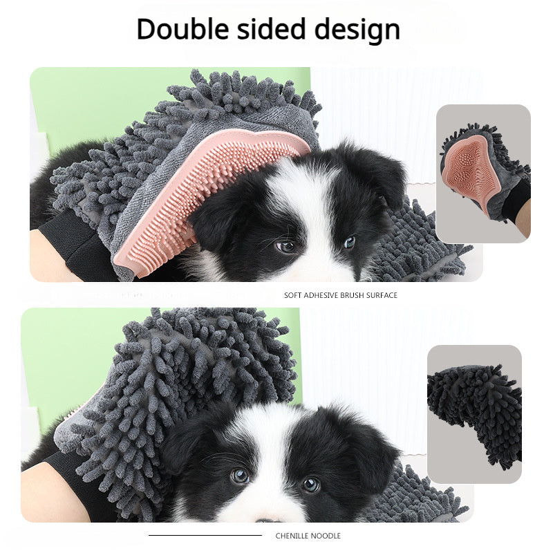 2-in-1 Pet Grooming Glove Brush – Bathing, Massaging & Drying Tool for Dogs & Cats - Black & Elva