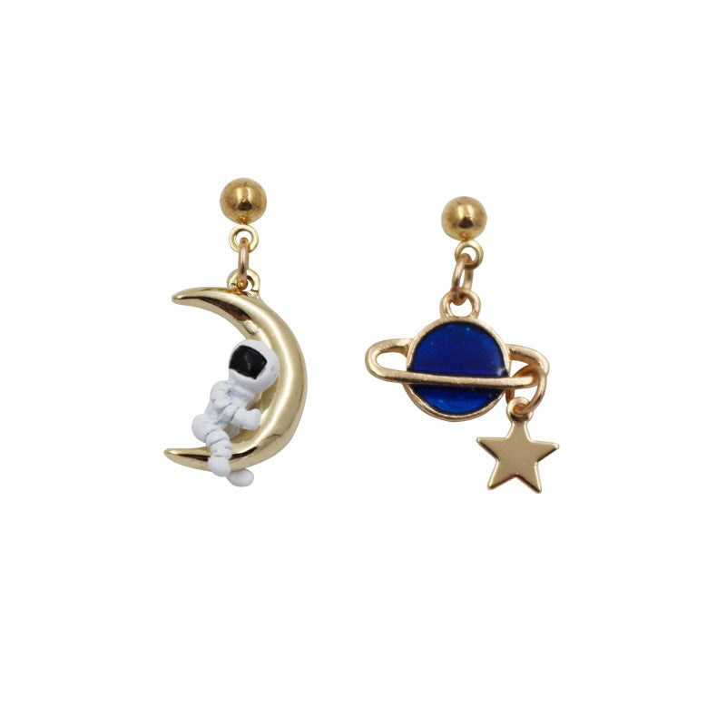 Moon Planet Astronaut Asymmetrical Stud Earrings Female Temperament South Korea - Black & Elva