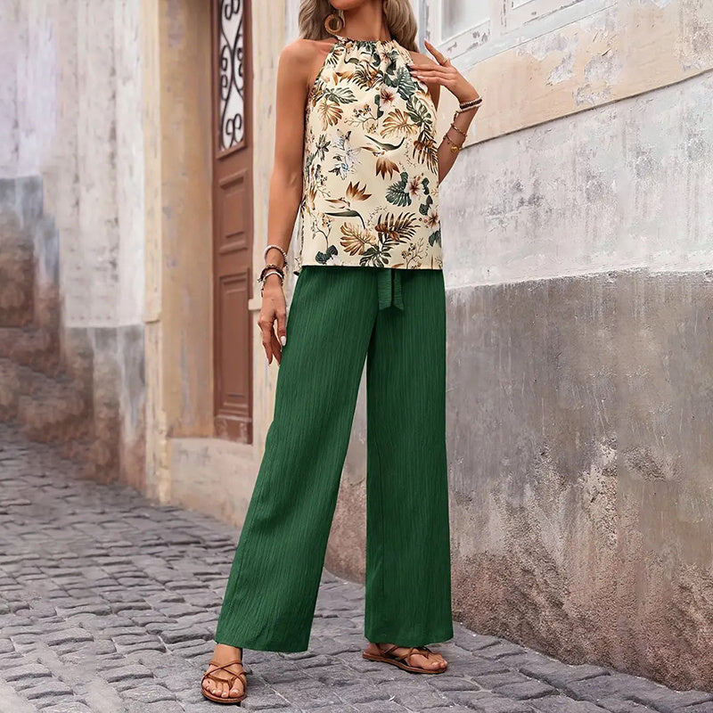 Women's 2 Piece Outfits Summer Casual Sleeveless Halter Neck Crop Tops Wide Leg Pants Set - Black & Elva