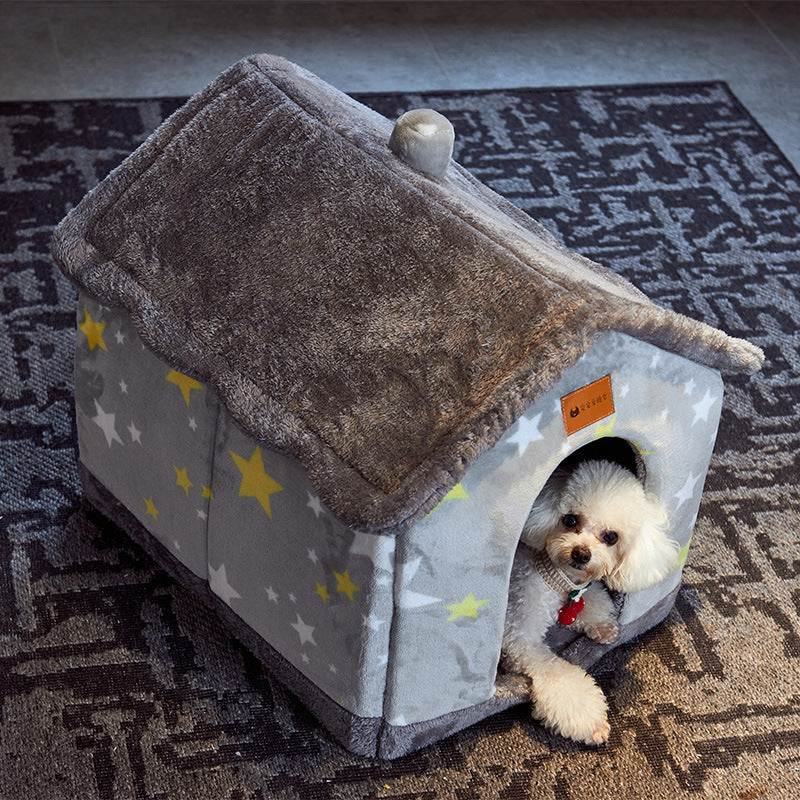 Foldable Warm Dog & Cat House – Enclosed Pet Bed for Winter Comfort - Black & Elva