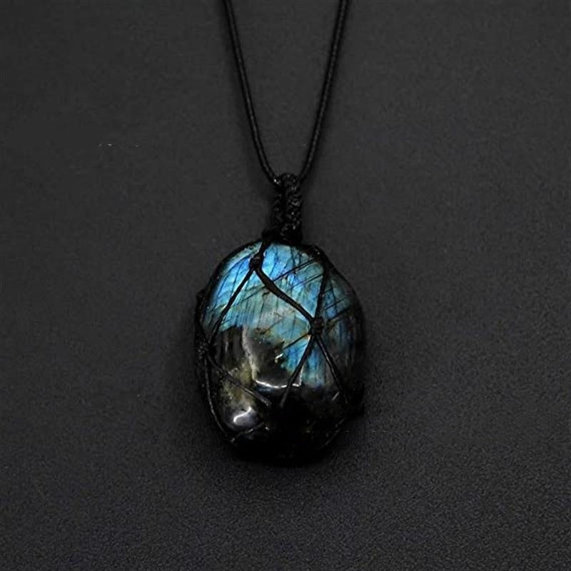 Natural Labradorite Pendant Moonstone Hand-woven Mesh Bag Necklace - Black & Elva
