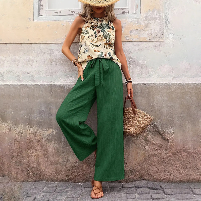 Women's 2 Piece Outfits Summer Casual Sleeveless Halter Neck Crop Tops Wide Leg Pants Set - Black & Elva