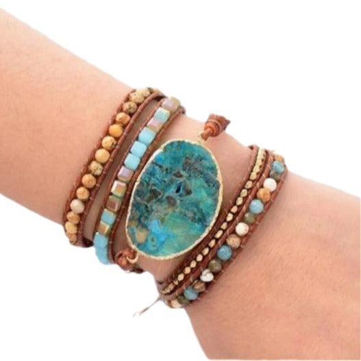 Natural Ocean Stone Leather Multi-layer Bracelet Simple - Black & Elva