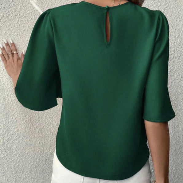 Women's Solid Color Round Neck Loose And Comfortable Shirt Top - Black & Elva