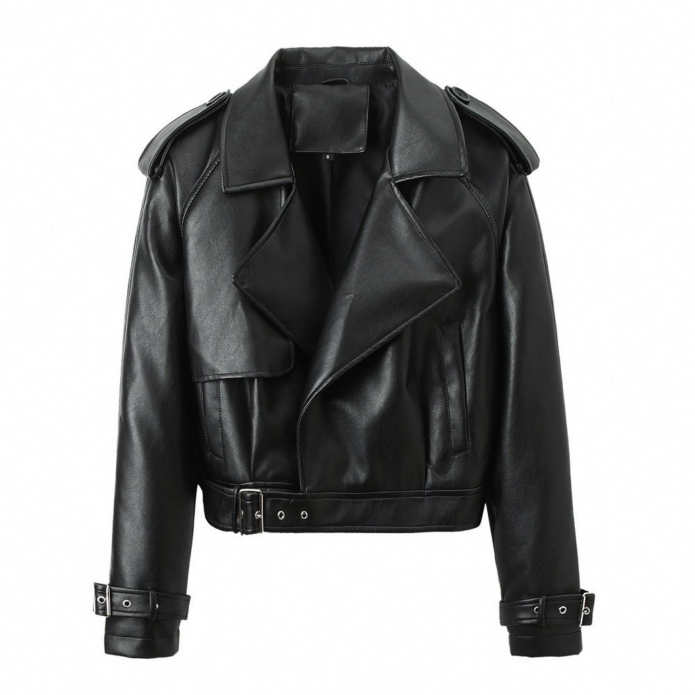 Women's Solid Color Casual Loose Fit Leather Jacket - Black & Elva