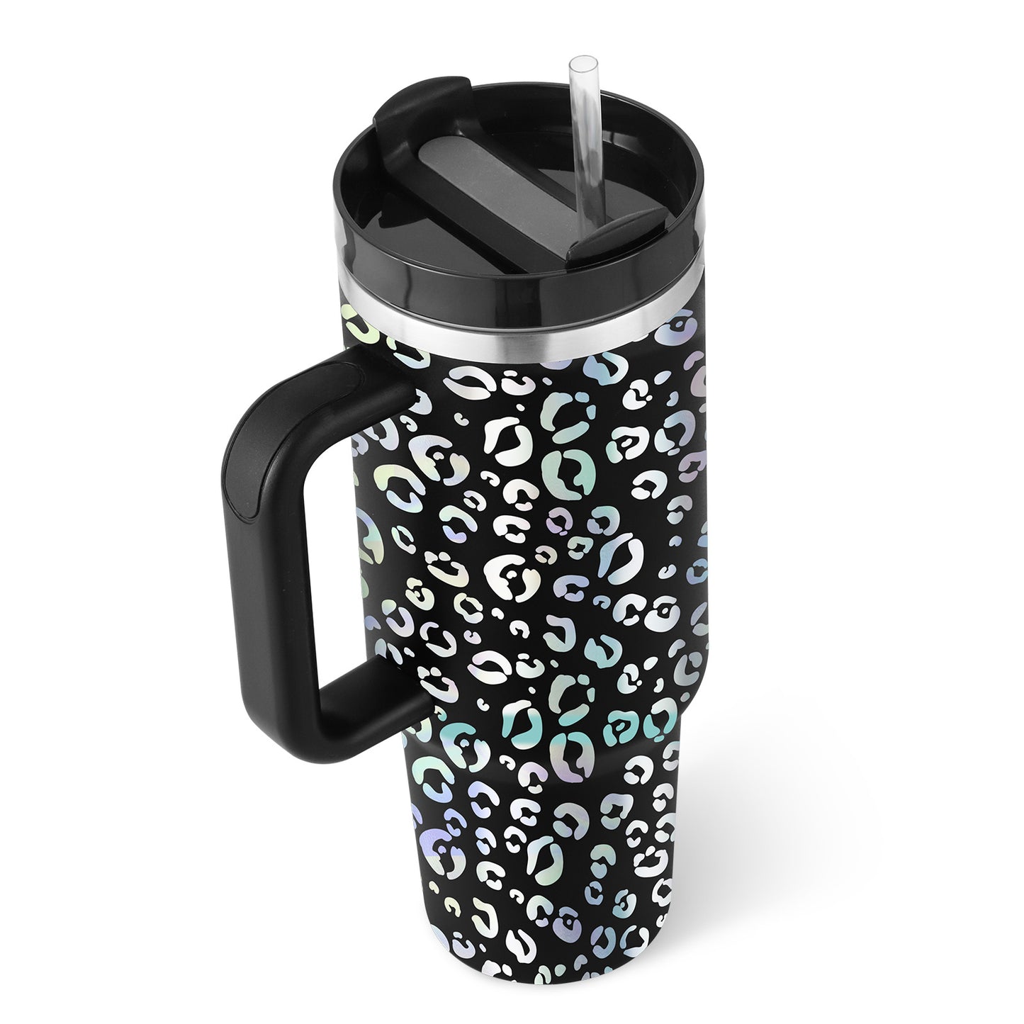 "40 Oz Insulated Stainless Steel Tumbler with Handle & Straw – Spill Proof Vacuum Coffee Cup, Perfect for Car, Gym, Office & Travel – Ideal Valentine’s Gift" - Black & Elva