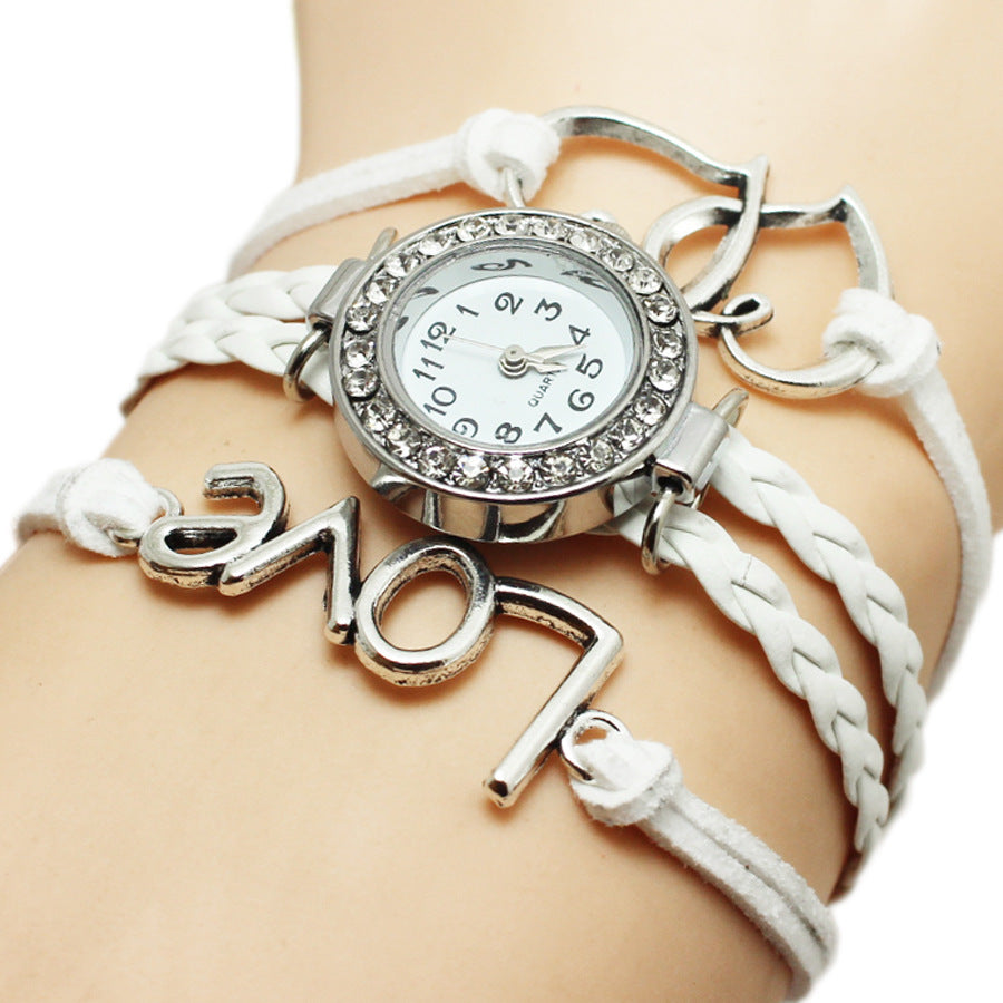 Alloy Love Double Heart-shaped Love Woven Multi-layer Watch - Black & Elva