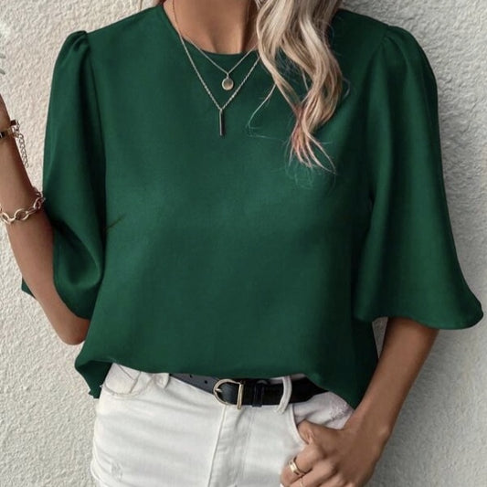 Women's Solid Color Round Neck Loose And Comfortable Shirt Top - Black & Elva