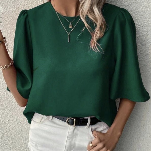 Women's Solid Color Round Neck Loose And Comfortable Shirt Top - Black & Elva