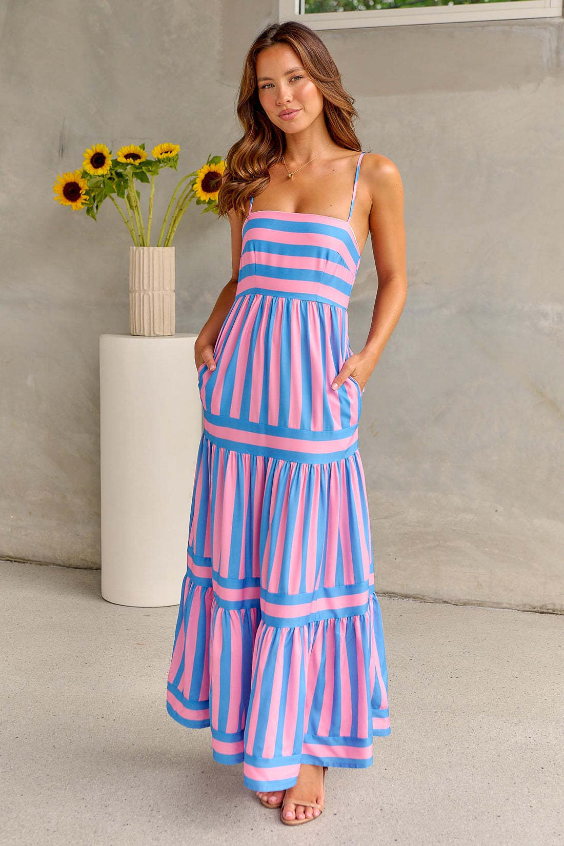 Striped Summer Maxi Dress – Backless & Pocketed Beachwear - Black & Elva