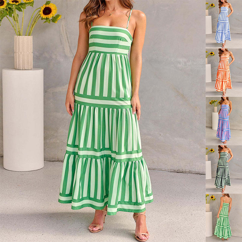 Striped Summer Maxi Dress – Backless & Pocketed Beachwear - Black & Elva