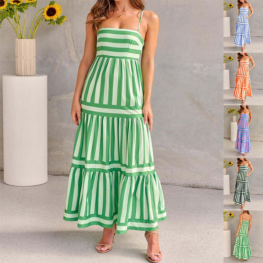 Striped Summer Maxi Dress – Backless & Pocketed Beachwear - Black & Elva