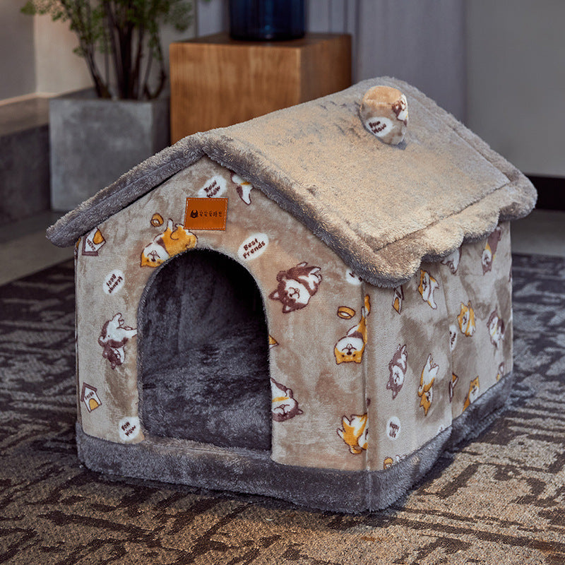 Foldable Warm Dog & Cat House – Enclosed Pet Bed for Winter Comfort - Black & Elva