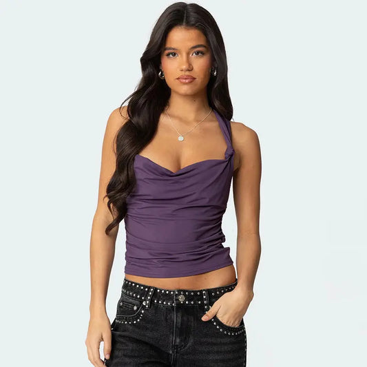 Women's Pleated Cross Cool Spicy Backless Underwaist - Black & Elva