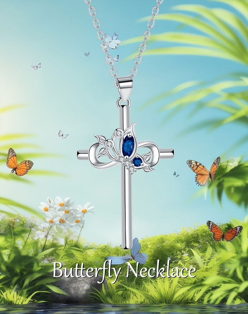 European And American High-grade Vintage Cross Necklace Female Butterfly Clavicle Chain - Black & Elva