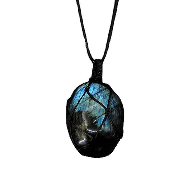 Natural Labradorite Pendant Moonstone Hand-woven Mesh Bag Necklace - Black & Elva