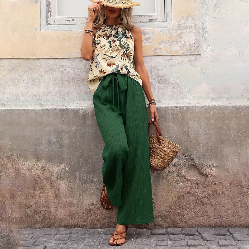Women's 2 Piece Outfits Summer Casual Sleeveless Halter Neck Crop Tops Wide Leg Pants Set - Black & Elva