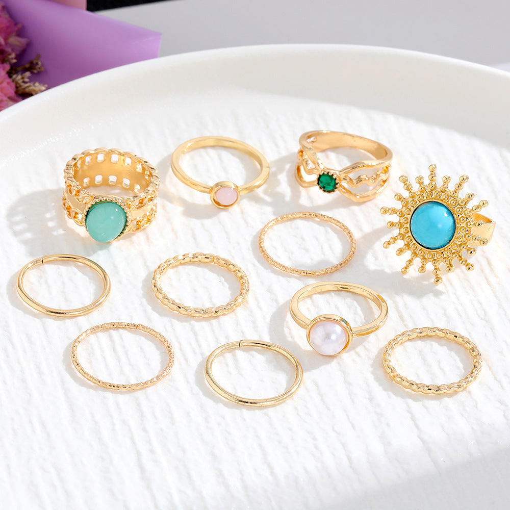 Geometric Emerald Color Natural Stone Metal Ring Plated KC Gold Ring Suit - Black & Elva