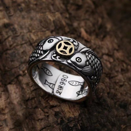 Retro Craft Argent Pur Copper Coins Marcasite Ring Men - Black & Elva