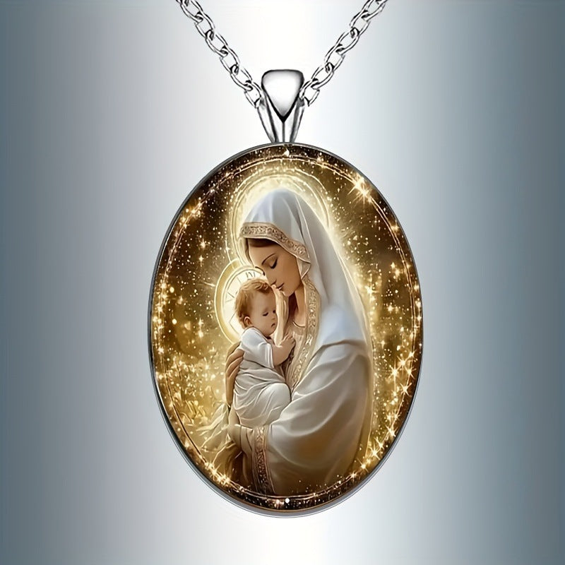 Fashion Virgin Mary Oval Glass Necklace - Black & Elva