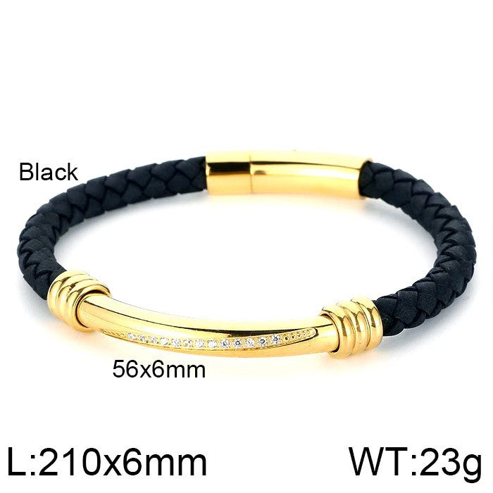 Men's Geometric Elbow Stainless Steel Diamond Leather Woven Bracelet - Black & Elva