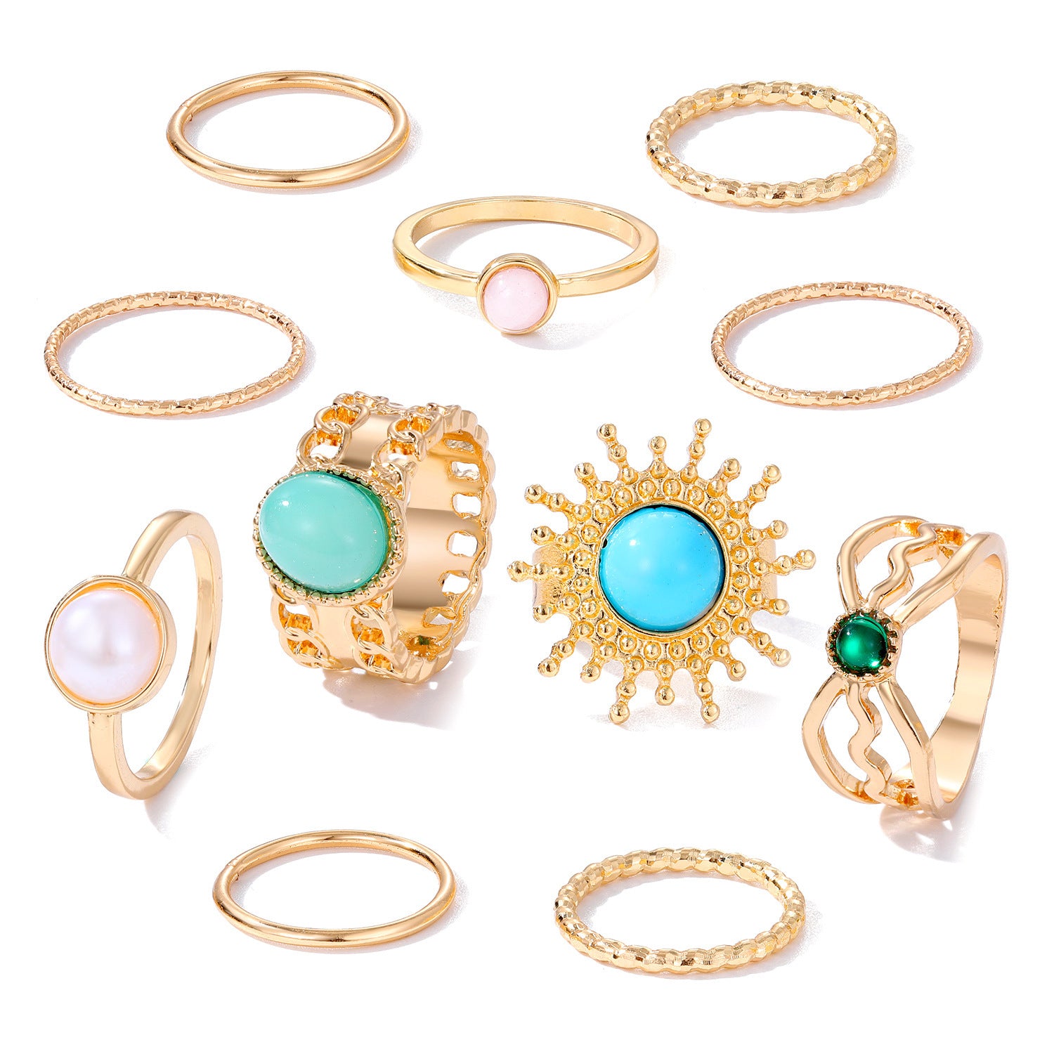 Geometric Emerald Color Natural Stone Metal Ring Plated KC Gold Ring Suit - Black & Elva