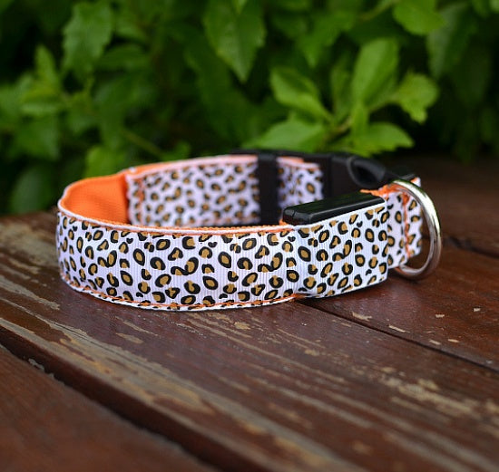 LED Dog Collar Safety Adjustable Nylon Leopard Pet Collar - Black & Elva