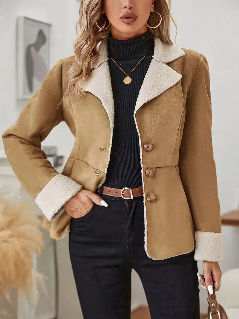 Casual Fashion Cold-proof Warm Fur Integrated Lapel Pocket Jacket - Black & Elva