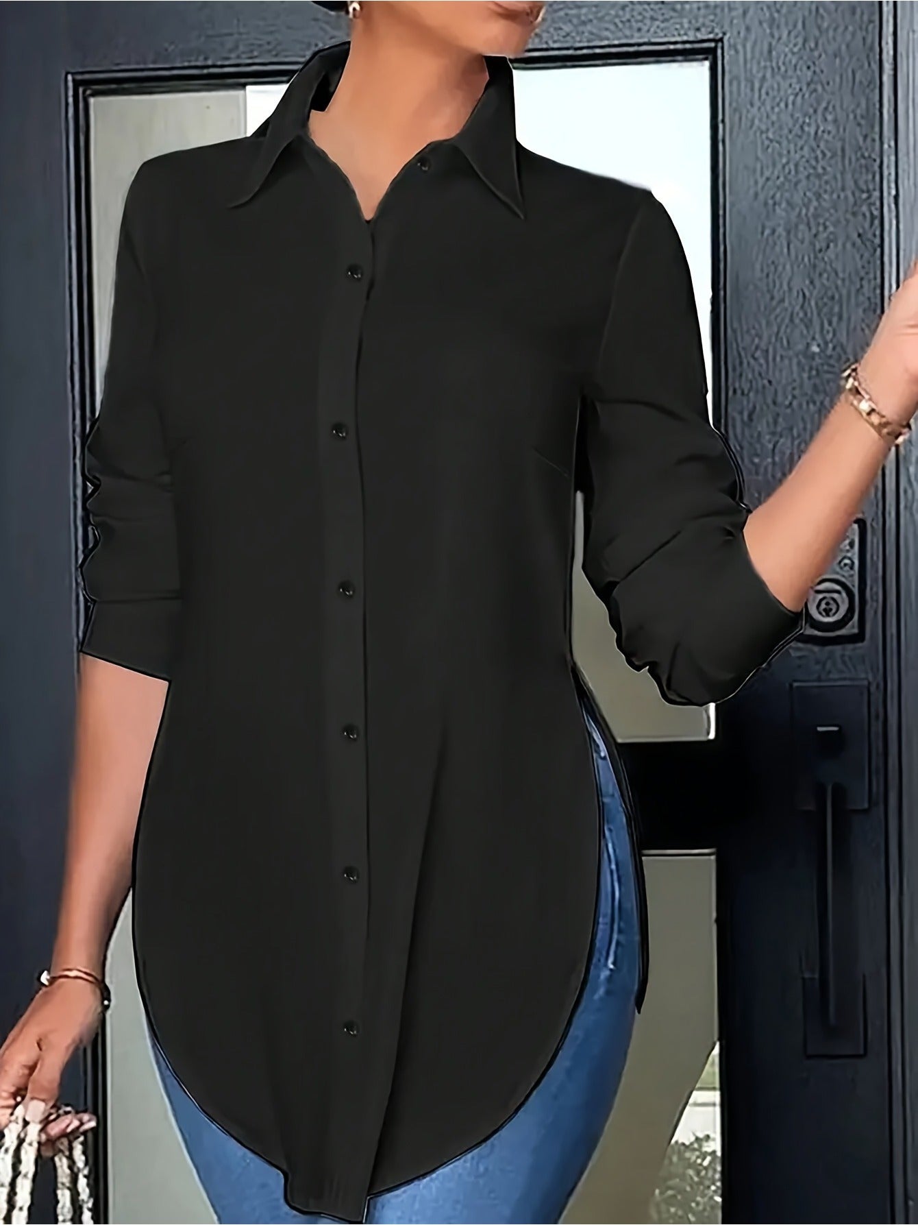 Women's Plus Size Long-Sleeve V-Neck Maxi Button-Down Shirt - Casual Side-Slit Blouse - Black & Elva