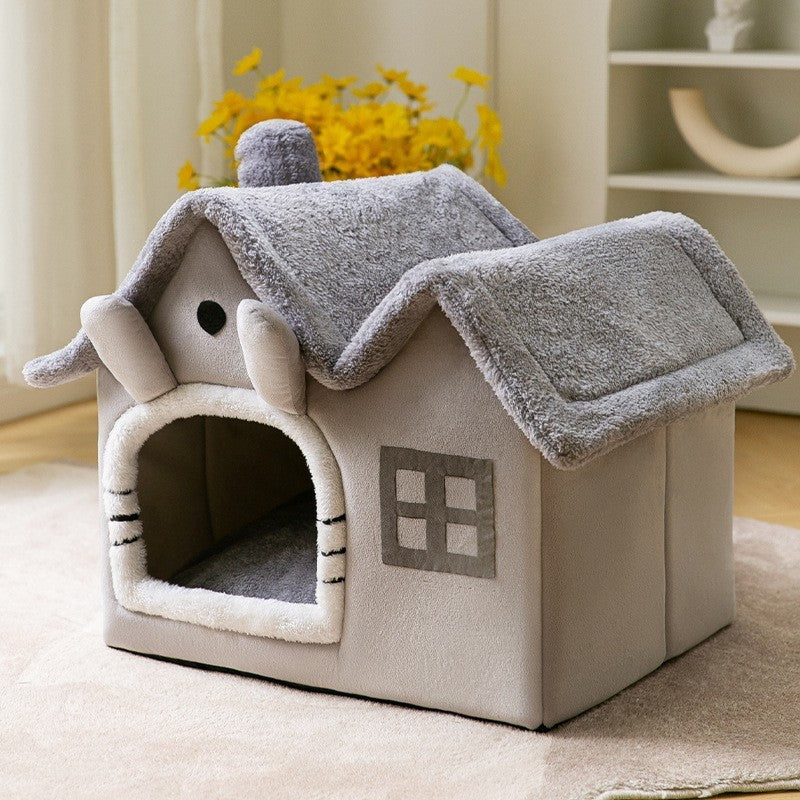 Foldable Warm Dog & Cat House – Enclosed Pet Bed for Winter Comfort - Black & Elva
