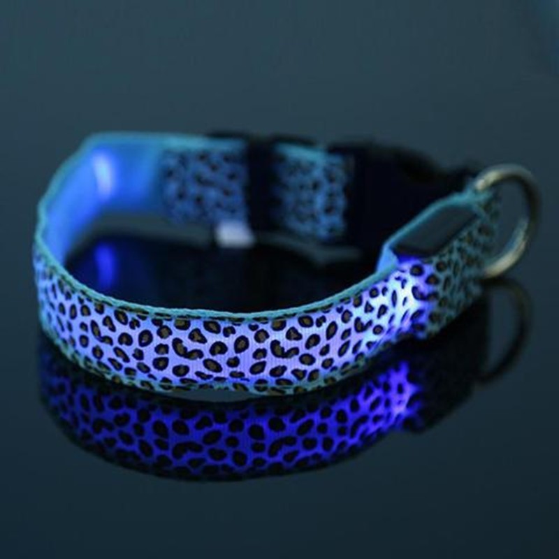 LED Dog Collar Safety Adjustable Nylon Leopard Pet Collar - Black & Elva