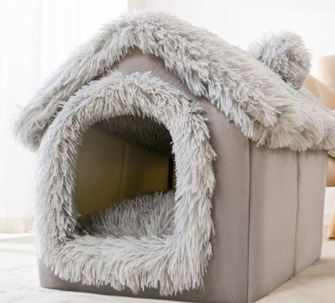 Foldable Warm Dog & Cat House – Enclosed Pet Bed for Winter Comfort - Black & Elva