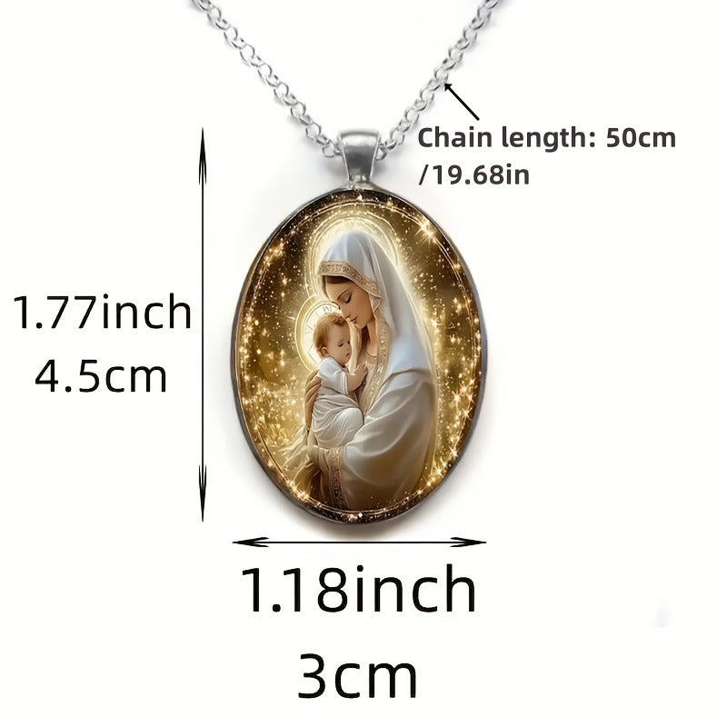 Fashion Virgin Mary Oval Glass Necklace - Black & Elva