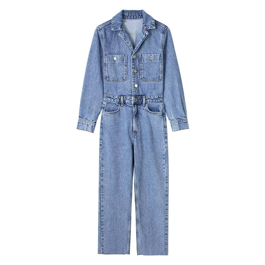 Summer Waist-tight Straight-leg Denim Jumpsuit - Black & Elva
