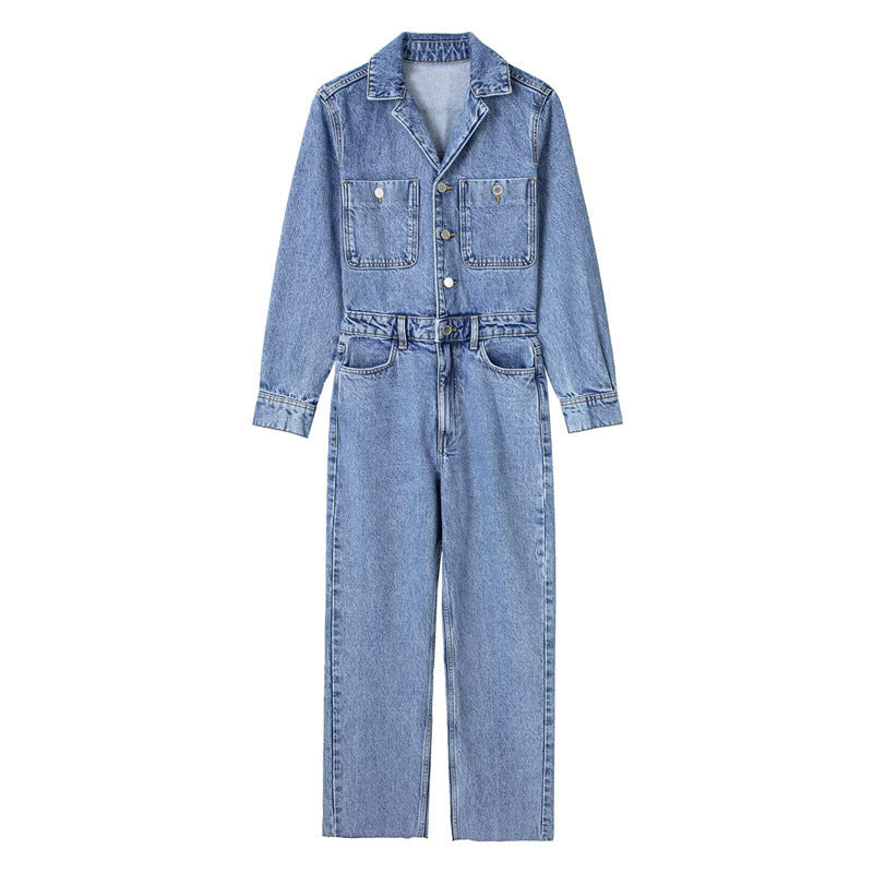 Summer Waist-tight Straight-leg Denim Jumpsuit - Black & Elva