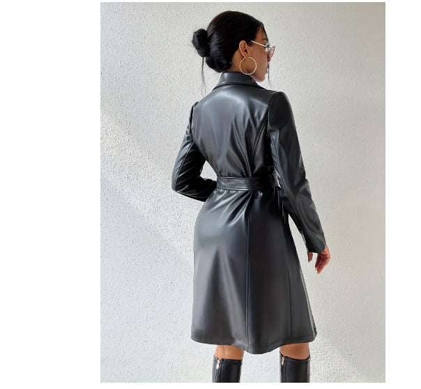 PU Long Sleeve Women's Slim Fit Long Trench Coat - Black & Elva