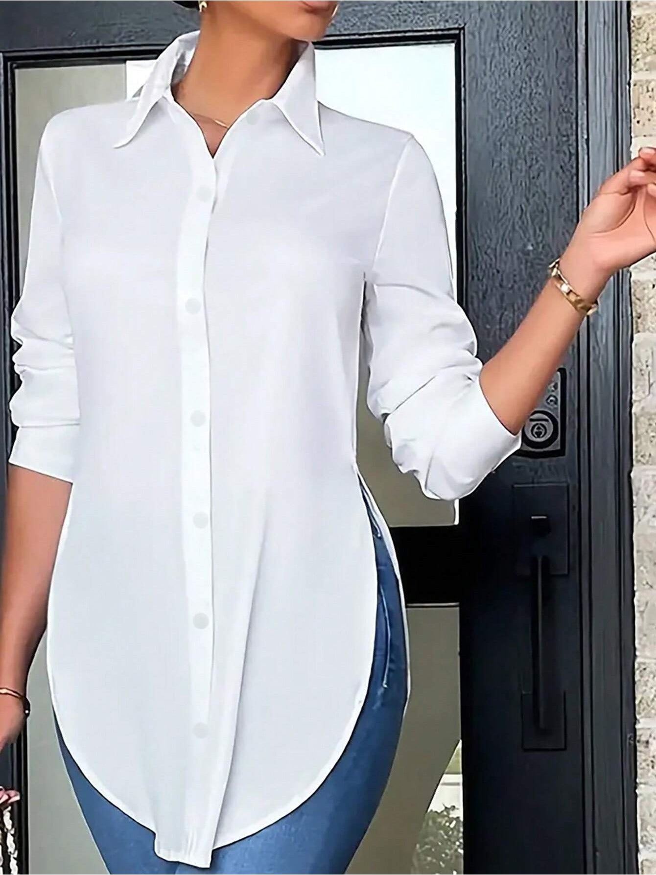Women's Plus Size Long-Sleeve V-Neck Maxi Button-Down Shirt - Casual Side-Slit Blouse - Black & Elva