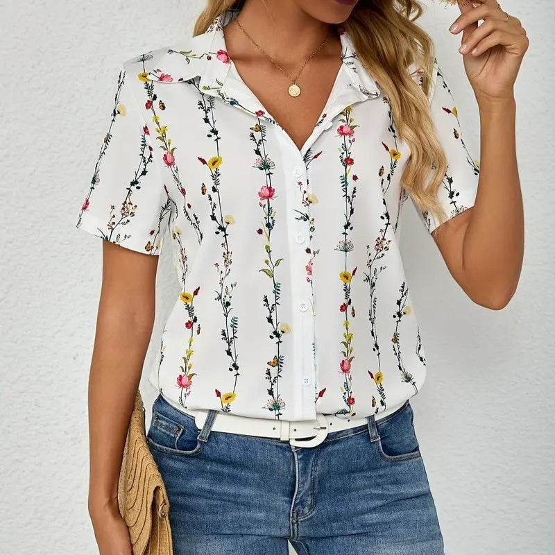Casual Wild Plant Pattern Women's Short-sleeved Shirt - Black & Elva