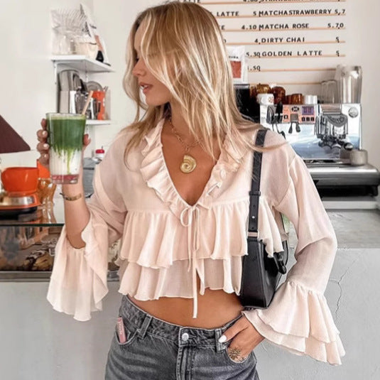 Chiffon V-neck Lace-up Ruffled Shirt - Black & Elva
