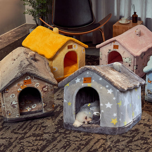 Foldable Warm Dog & Cat House – Enclosed Pet Bed for Winter Comfort - Black & Elva