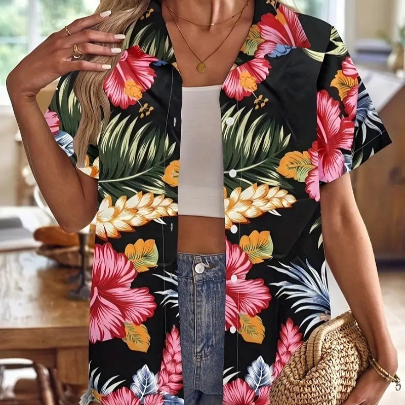 Casual Wild Plant Pattern Women's Short-sleeved Shirt - Black & Elva