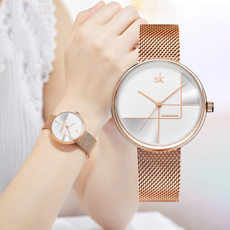 Women's Fashion Simple Geometric Quartz Watch Mesh Strap Watch - Black & Elva