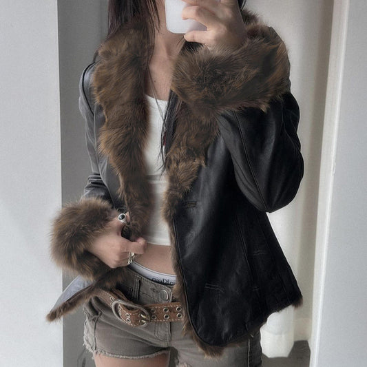 American Street Loose Fur Collar Leather Coat - Black & Elva