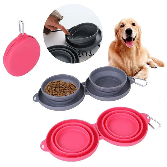 Rubber Foldable Double Bowl Pet Feeding Bowl Pets Supplies Dog Cat Bowls - Black & Elva