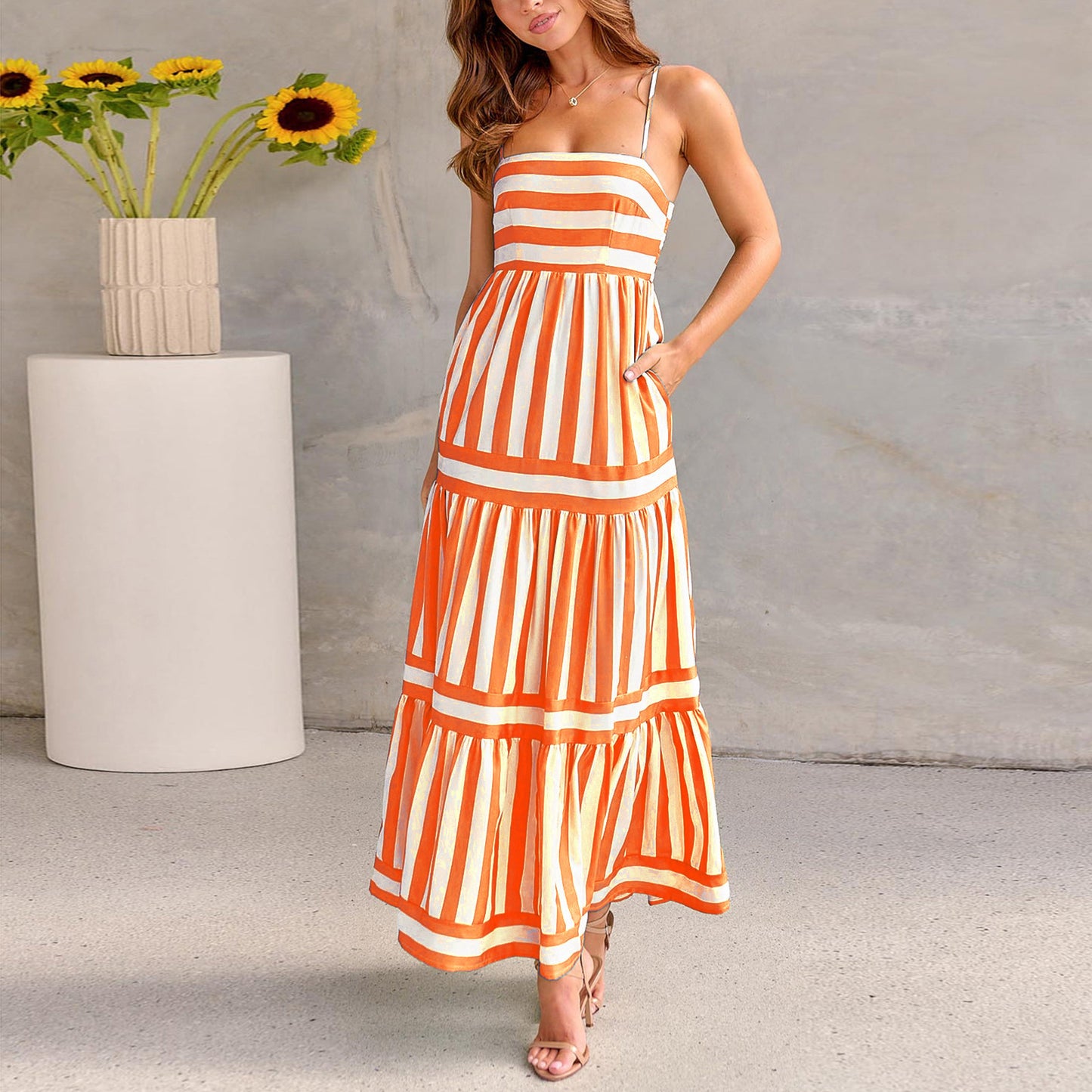 Striped Summer Maxi Dress – Backless & Pocketed Beachwear - Black & Elva