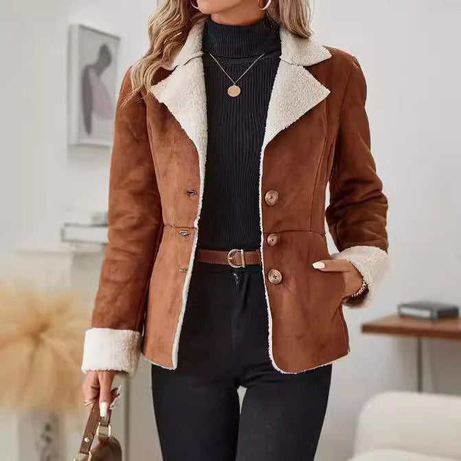 Casual Fashion Cold-proof Warm Fur Integrated Lapel Pocket Jacket - Black & Elva
