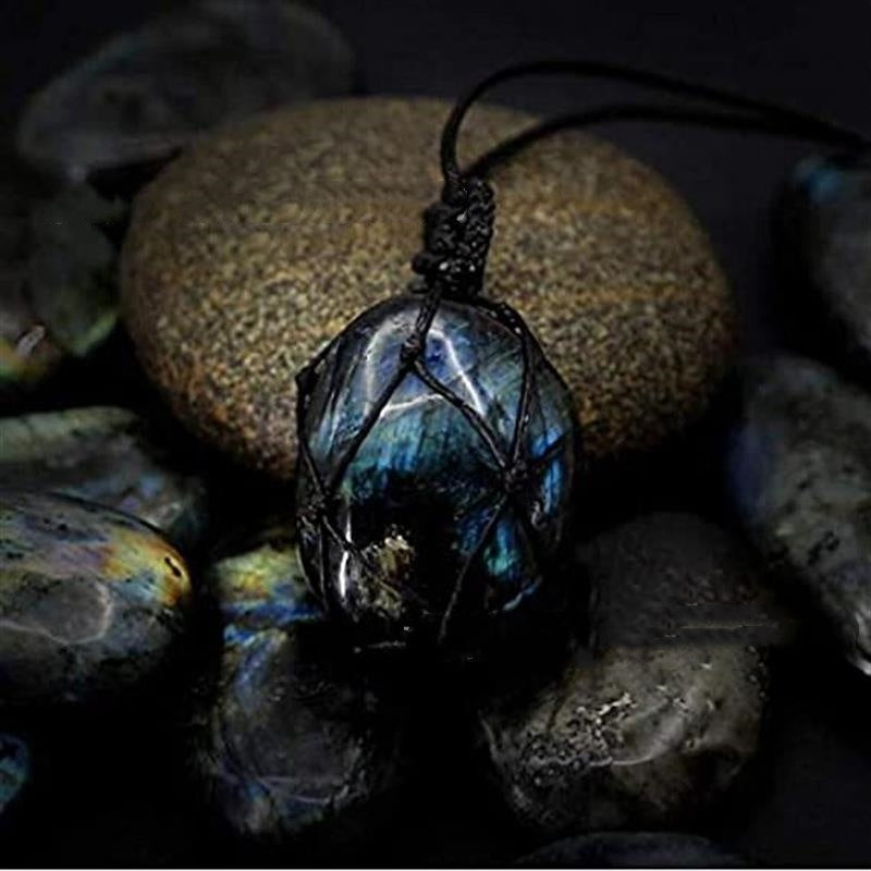 Natural Labradorite Pendant Moonstone Hand-woven Mesh Bag Necklace - Black & Elva
