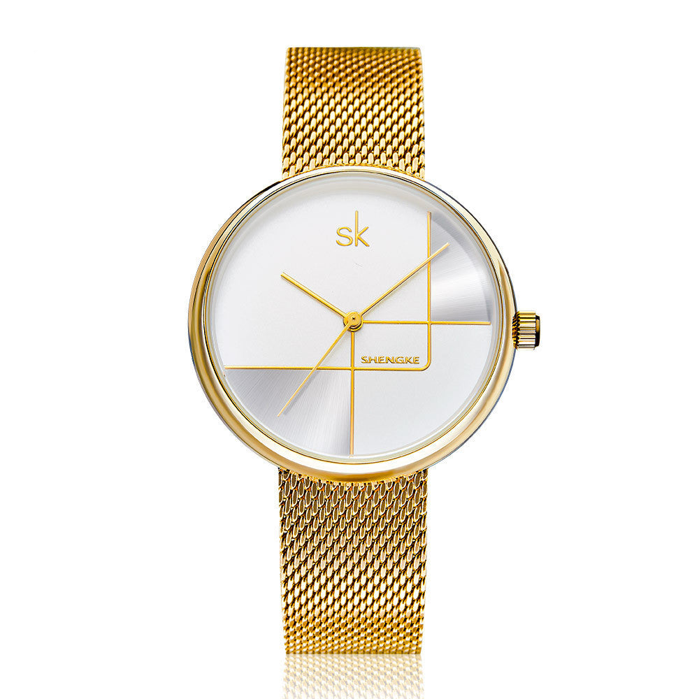 Women's Fashion Simple Geometric Quartz Watch Mesh Strap Watch - Black & Elva