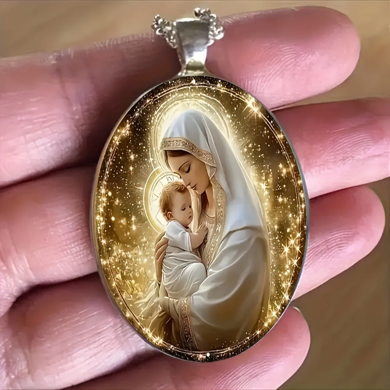 Fashion Virgin Mary Oval Glass Necklace - Black & Elva